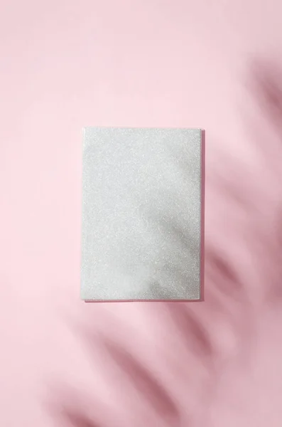 Blank White Notebook Mockup Shadow Leaves Pink Background Elegant Modern — Stockfoto