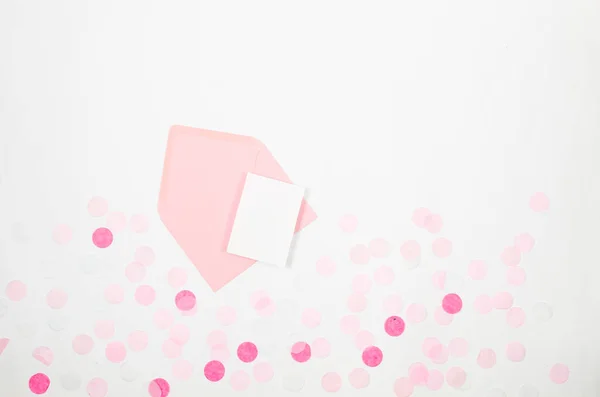 Pink Envelope Blank Card Colorful Paper Confetti White Background Copyspace — Stock Photo, Image