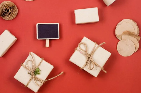 Fundo Natal Com Caixas Presente Embrulhando Papel Artesanal Preparação Para — Fotografia de Stock