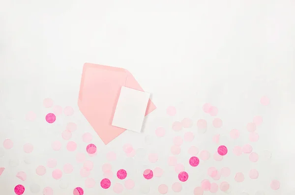 Pink Envelope Blank Card Colorful Paper Confetti White Background Copyspace — Stock Photo, Image