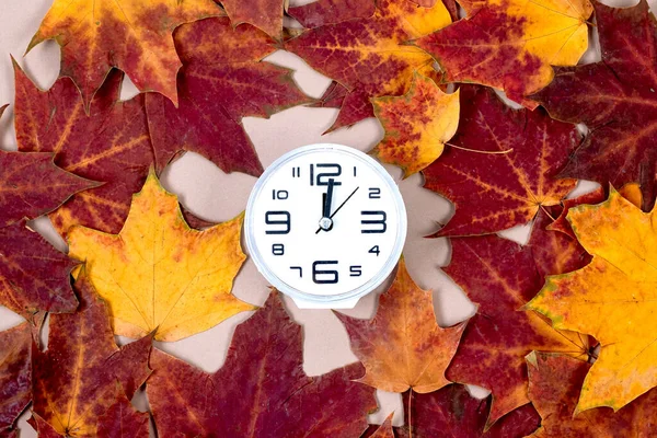 alarm clock and autumn leaves on beige background. Symbol of time change. Fall Back, Changing the time on the watch to winter time, fall backward concept.