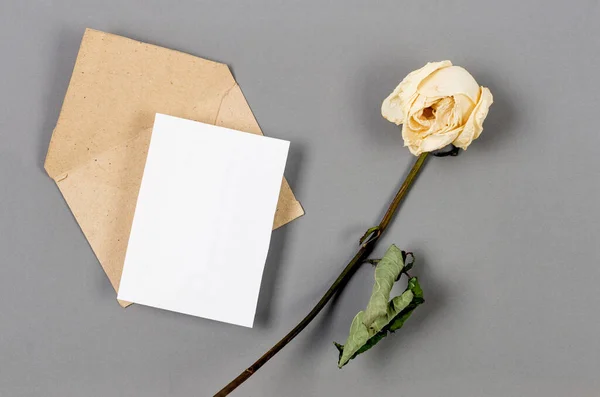 Dos Rosas Blancas Secas Con Blanco Vacío Blanco Concepto Luto —  Fotos de Stock