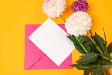 Sarı arka planda pembe zarf, beyaz ve mor yıldız çiçekleri olan boş tebrik kartı modeli. Boş davet veya kopyalama alanı olan tebrik kartı modeliName