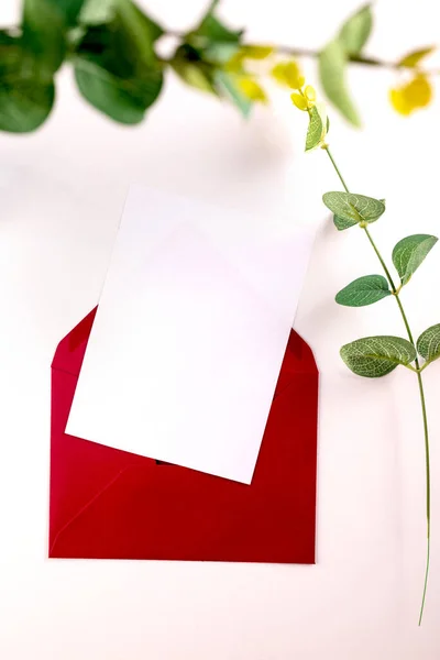 Red envelope with empty white card for text and eucalyptus branches on white background. Blank invitation or greeting card mockup with copy space