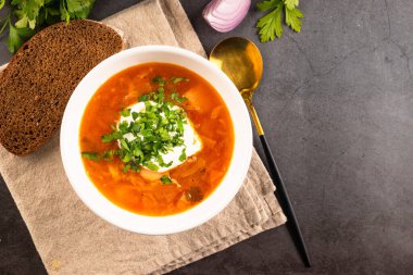 Geleneksel Ukrayna usulü, ekşi kremalı ve beyaz kasede otlu sıcak kırmızı borç.. 