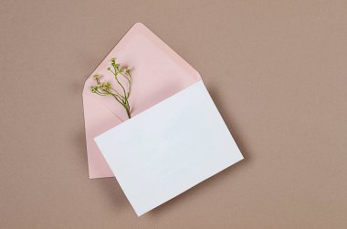 İçinde mesaj ve bej arka planda papatya demeti için boş beyaz kart olan pembe bir zarf. Boş davet veya kopyalama alanı olan tebrik kartı modeliName