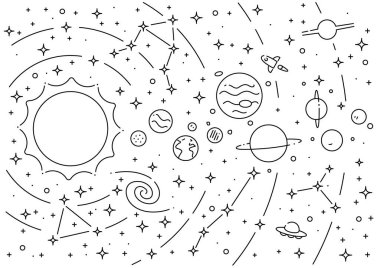 Güneş sistemi gezegenleri ve güneş vektörü eğitici illüstrasyon.