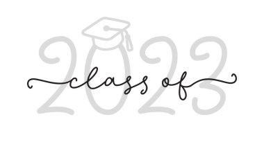 CLASS OF 2023. Graduation logo with cap and diploma for high school, college graduate. Template for graduation design, party. Hand drawn font for yearbook class of 2023. Vector illustration.