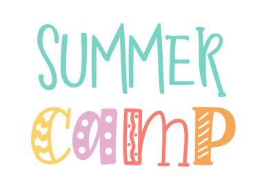 Kids summer camp. Pastel color illustration. Summer camp template poster, flyer, banner design. Kids fun vector illustration. Hand drawn lettering typography text. Summer camp logo for print design.
