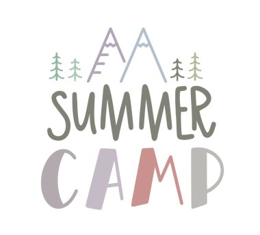 Yaz kampı. Vektör çizimi. Yaz dağı, orman kampı tipografi tasarımı tişört, poster, afiş. El çizimi tipografi metni. Yaz kampı basım için pastel renkli logo gezisi.