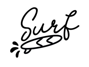 Surf. Minimal vector logo. Summer illustration. Surfboard design badge, sign. Black and white icon surf on waves. Typography lettering logo with silhouette of surfboard. Tee, t-shirt design.
