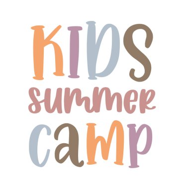 Kids summer camp. Pastel color illustration. Summer camp template poster, flyer, banner design. Kids fun vector illustration. Hand drawn lettering typography text. Summer camp logo for print design.