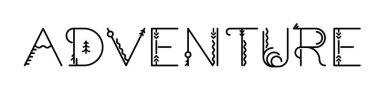 Adventure. Text logo. Adventure typography design for t-shirt, tee, poster, banner, card. Vector black and white illustration. Hand drawn lettering typography text. Adventure travel logo for print.