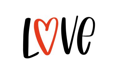 Love. Hand drawn typography word. Love with doodle heart. Print for tee, t-shirt, card, poster. Modern typography calligraphy script love text. Vector valentine day illustration.