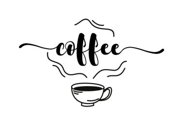 Coffee. Vector logo word. Design for poster, flyer, banner, menu cafe. Hand drawn calligraphy text. Typography coffee logo. Signboard icon coffee. Black and white illustration with cup.
