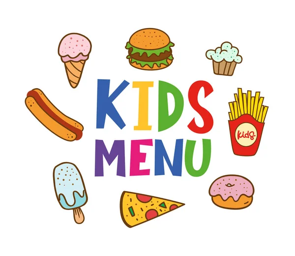 Kids menu. Logo set for banner, flyer, poster design. Meal menu vector template. Kids food concept. Cute colorful illustration. Children nutrition logo symbol. Funny label kids food menu.