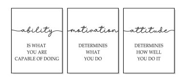 Yetenek, motivasyon, tavır. 3 parça baskı posterinden alıntı yap. İlham verici duvar sanatı. Ofis ve ev için motivasyon amaçlı baskı fotoğrafları. Duvar dekoru, poster çerçeveli. Motivasyonel poster tuvali.