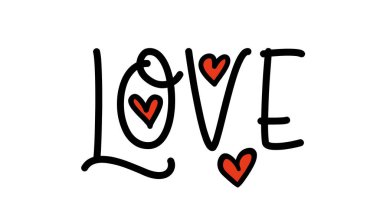 Love. Hand drawn typography word. Love with doodle heart. Print for tee, t-shirt, card, poster. Modern typography calligraphy script love text. Vector valentine day illustration.