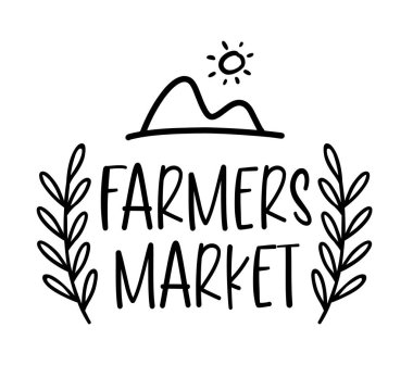 Farmers Market 'te. Vector fırça harfleri tipografi - beyaz arka planda çiftçi pazarı. Çiftlik pazarı doğal organik ürün işareti. El çizimi logo, karalama rozetleri, simge, etiket.