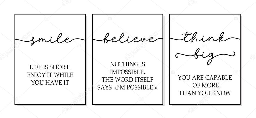 Smile, Believe, Think big. Motivational wall art. Inspirational quotes canvas art for home, office wall decor. Positive quotes. Smile, believe, think big. poster frame. Quote 3 piece print posters.