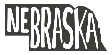Nebraska 'da. Vektör siluet durumu. Metin kodlu Nebraska haritası. Poster, tişört, tişört, hatıra için Nebraska şekli eyalet haritası. Beyaz arkaplanda izole edilmiş vektör çizgisi çizimi.