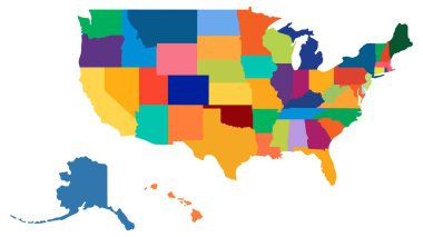 Amerika Birleşik Devletleri haritası çok renkli. ABD haritası. Düz siyah-beyaz vektör çizimi. Poster, pankart ve tişört için Amerikan haritası. ABD haritası tasarla.