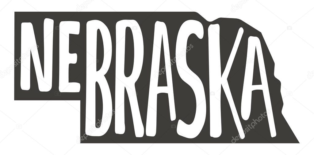 Nebraska. Vector silhouette state. Nebraska map with text script. Nebraska shape state map for poster, t-shirt, tee, souvenir. Vector outline Isolated illustratuon on a white background.