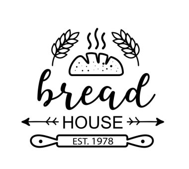 Ekmek evi. Vector vintage logo kelimesi. Tasarım tipografisi, logo, rozet, etiket, simge. El çizimi yazı. Tipografi fırın logosu. Basit simge ekmeği. Siyah beyaz illüstrasyon.