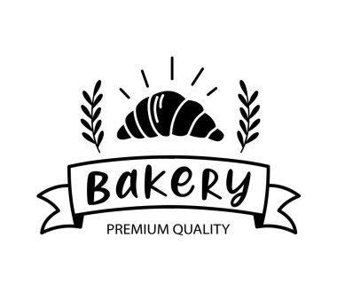 Fırın. Vector vintage logo kelimesi. Tasarım tipografisi, logo, rozet, etiket, simge. El çizimi yazı. Tipografi fırın logosu. İmza panosu ikonu fırın kruvasanı. Siyah beyaz illüstrasyon.