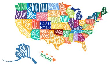 ABD haritası. Amerika Birleşik Devletleri 'nin metin içerikli isimleri. Düz renk vektör çizimi. Poster, pankart, tişört ve tişört için Amerikan haritası. Eyalet isimleriyle ABD tipografi haritası tasarla.