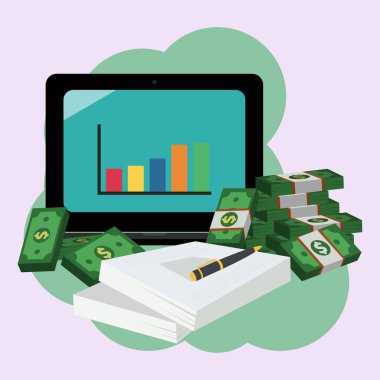 Ekranda büyüme grafiği ve para olan dizüstü bilgisayar. Büyüme ve kazanç konsepti vektör çizimi