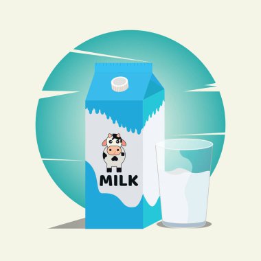 Kutu ambalajı ve cam vektör illüstrasyonunda süt