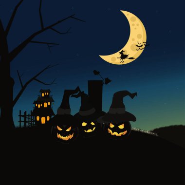 Witch and pumpkins at the night graphic design vector illustration