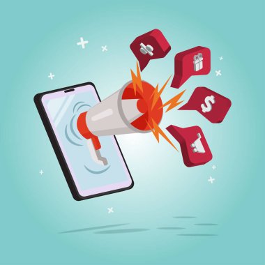 Cep telefonu ve baloncuklu konuşma tanıtımı illüstrasyonlu hoparlör