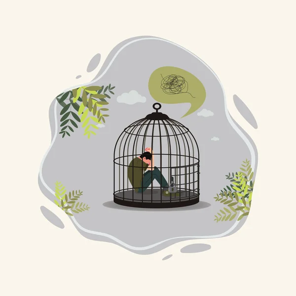 Triste Homme Enfermé Dans Une Cage Oiseaux Besoin Aide Psychologique — Image vectorielle