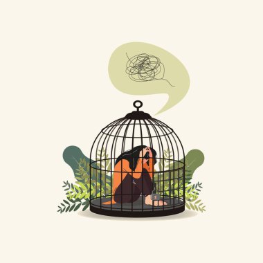 Kadın kuş kafesine kapatılmış, psikolojik yardım ya da sosyal izolasyon konseptine ihtiyacı var