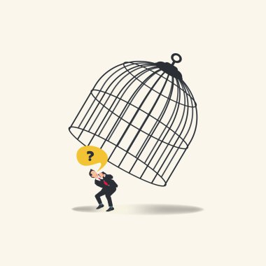 Büyük kafes vektör çizimine bakan ürkmüş iş adamı