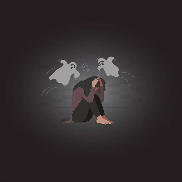 Femme Assise Dans Pièce Sombre Hantée Par Esprit Distrait Fatigue — Image vectorielle
