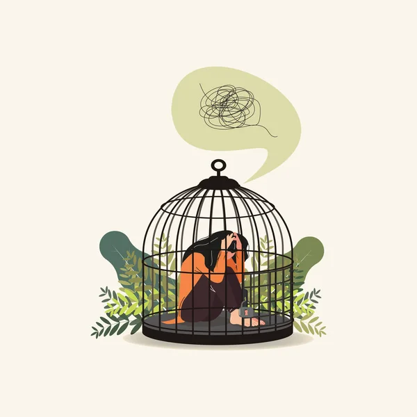 Femme Enfermée Dans Une Cage Oiseaux Besoin Aide Psychologique Illustration — Image vectorielle
