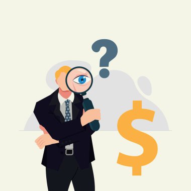 İş adamı elinde büyüteçle para sembolü illüstrasyonuna bakıyor.