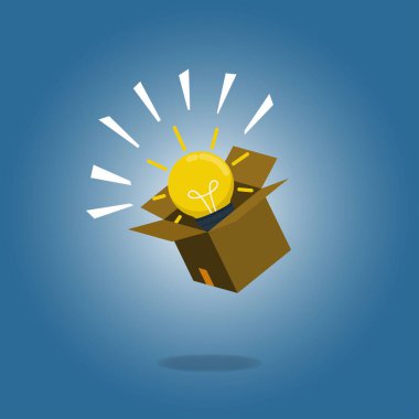 Parlak ampul vektör illüstrasyonlu mukavva. Parlak fikir, yaratıcı fikirler vektör çizimi