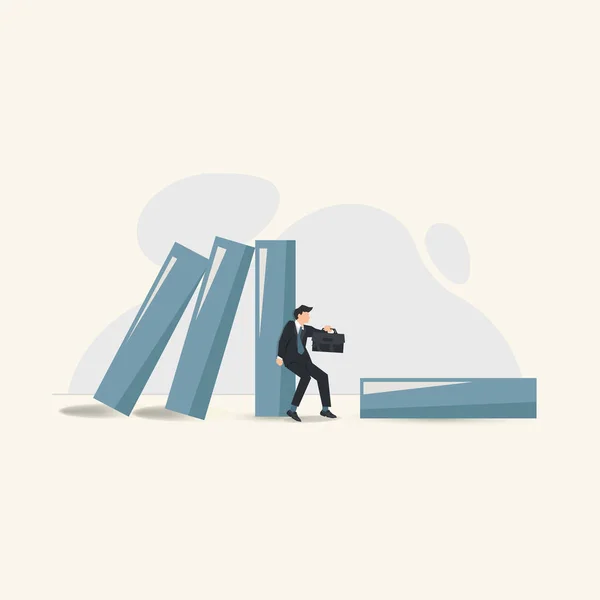 Vector Businessman Hold Back Falling Domino Survive Crisis Illustration — Stock Vector
