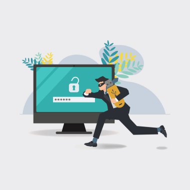Bilgisayar şifresi çözüldü, iş adamı veriyi çaldı. Siber suç kavramı vektör çizimi
