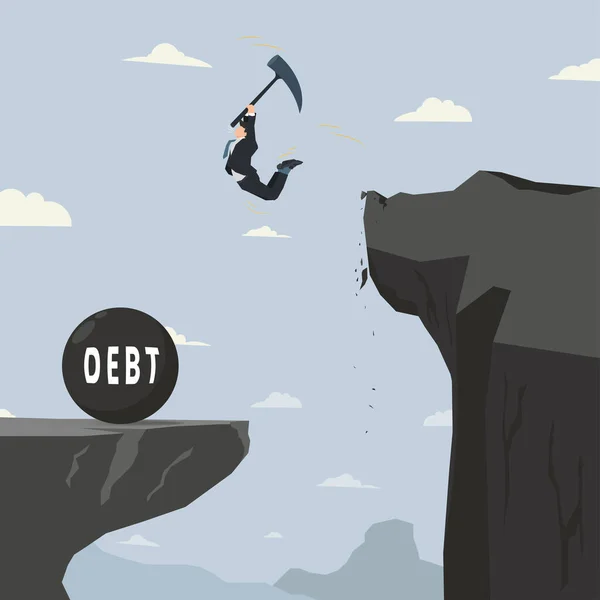 Businessman Holding Hammer Jumping Cliff Destroy Giant Debt Ball Vector — Stock Vector