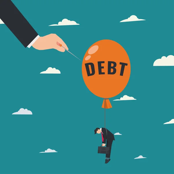 大手推动针头 用Debt这个词弹出橙色气球 解决债务问题的矢量说明 — 图库矢量图片