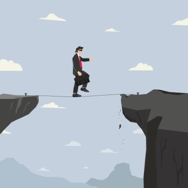 Gözü bağlı bir iş adamı zor bir durumda. İp illüstrasyonunda dengeleniyor.