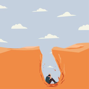 Vector man trapped into deep hole, need help illustration clipart