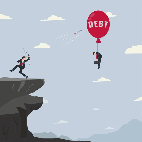 Zakenman Schiet Vliegende Ballon Met Het Woord Debt Afwikkelen Schulden — Stockvector
