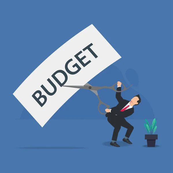 Empresario Usando Tijera Para Cortar Papel Presupuesto Concepto Reducción Presupuestaria — Vector de stock