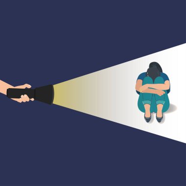 El feneri ve önünde oturan üzgün kız. Depresif konsept vektör çizimi